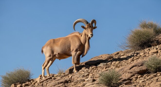 A wild mountain goat standing on a rocky cliff under clear skies