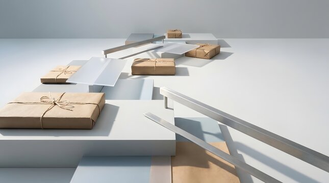 Conceptual arrangement of brown paper parcels tied with twine placed on minimalist architectural slabs and frosted glass panels