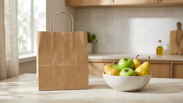 Blank brown paper grocery shopping bag with handles standing on a marble kitchen counter next to a ceramic bowl filled with fresh green apples and yellow pears, healthy food and eco-friendly concept.