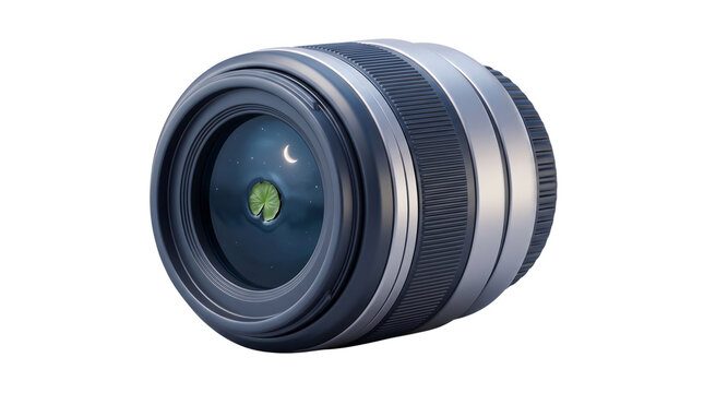 Modern camera lens isolated on white background, professional digital photography equipment, metallic lens optics with aperture reflection