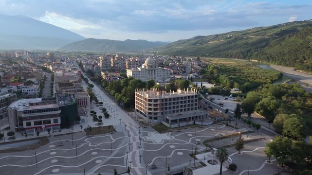 Aerial view of Berat city, Albania, residential buildings and rooftops along the Osum River valley