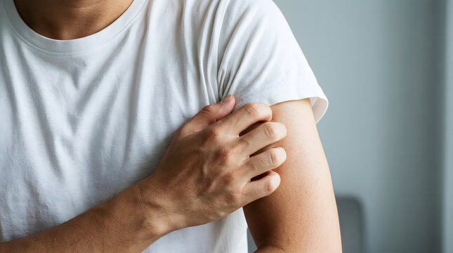Close up of a person's arm showing a recent vaccination injection site with a bandage