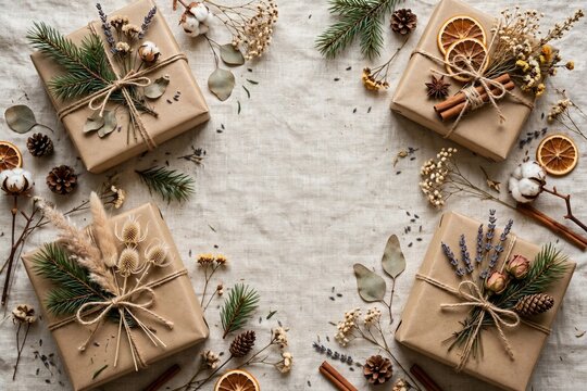 Brown kraft paper packages with greenery and twine arrangement