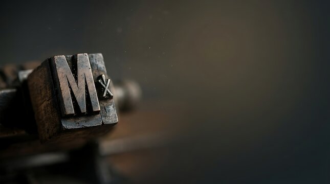 Close Up Macro Photography Of Vintage Letterpress Metal Printing Block Letter M On Dark Atmospheric Background With Copy Space For Text