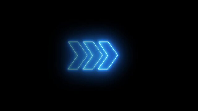 blue neon sequential directional arrows icon for forward movement, navigation pointer, progression symbol, motion indicator animation