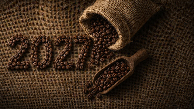 Happy New Year 2027 made of coffee beans on burlap sack with wooden scoop, coffee roastery concept