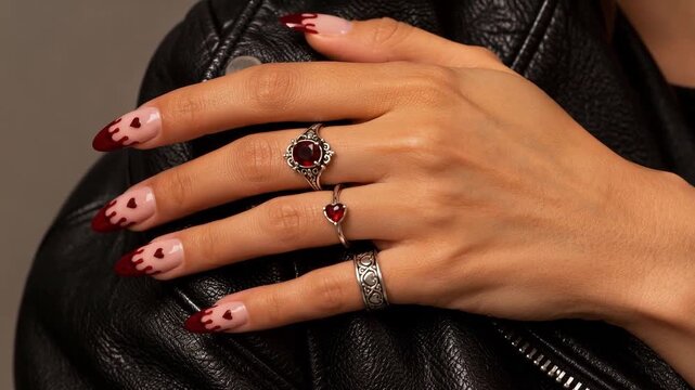 Ringed hand repositions on black leather, revealing red blood-drip hearts on long pointed nails