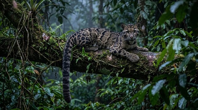 Cinematic shot of a rare wild clouded leopard resting on a mossy tree branch with its long tail hanging in a dark tropical rainforest.