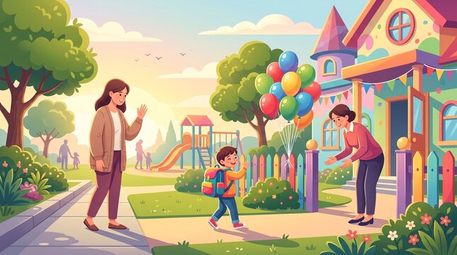Mother waving goodbye to her son at school playground with colorful balloons background, cute cartoon illustration of family outdoor activity in the park