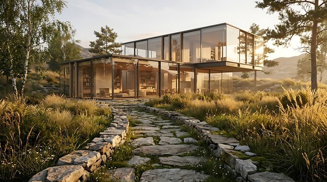 Modern House Pathway Through Natural Landscape.