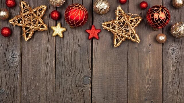 Red and gold Christmas ornament stop motion animation top border. Loopable. Top down view on a rustic wood background.