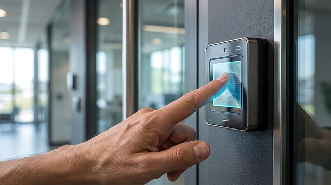 Person Using Biometric Fingerprint Door Access System.