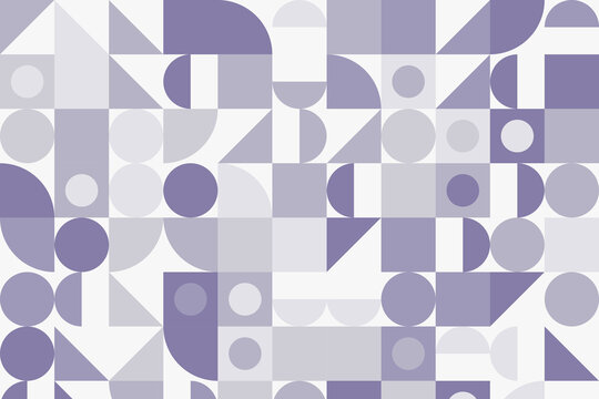 Geometric pattern featuring repeating purple and light gray shapes including circles, semi-circles, triangles, and squares on a white background