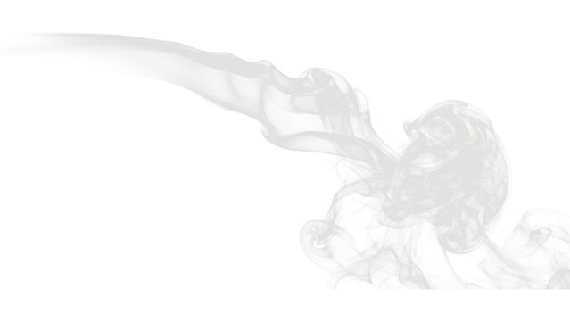 Horizontal wisp of translucent white smoke streaming across the frame with a soft swirling plume isolated on transparant background