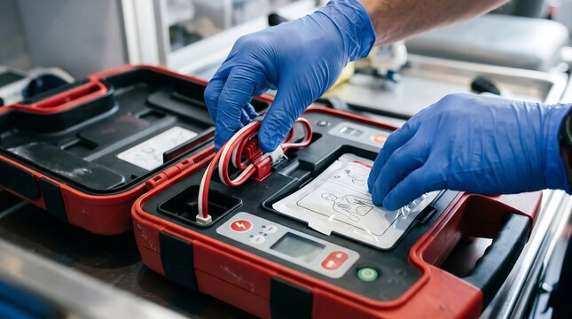 close-up of emergency medical technician inspecting an automated external defibrillator and arranging electrode pads during a readiness check, gloved hands opening the device case and checking cables