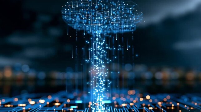 Digital artificial intelligence brain emerging from a circuit board representing cloud computing and machine learning technology