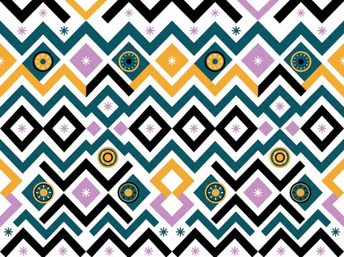 Abstract geometric pattern with colorful zigzags and diamond shapes