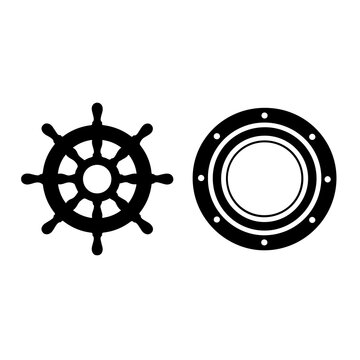 Black nautical ship wheel and round porthole icons