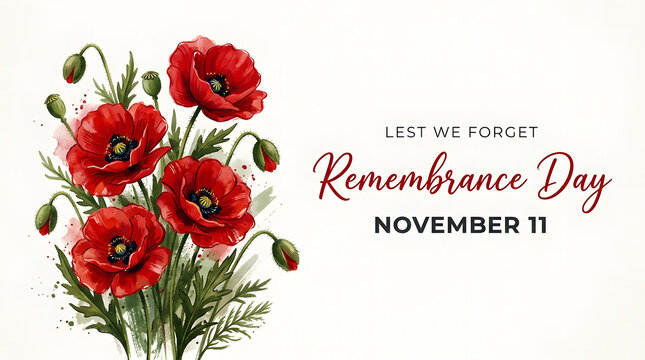Remembrance day floral arrangement with vibrant red poppies and elegant calligraphy