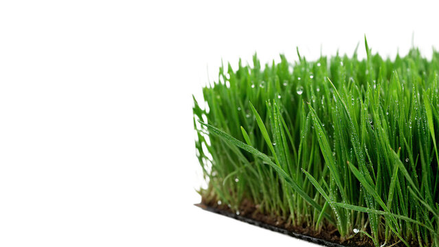 Fresh green wheatgrass wheat grass block lawn patch isolated on white background