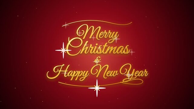 Merry Christmas and Happy New Year Shimmering Gold Calligraphy on Red Background Motion Loop 4K