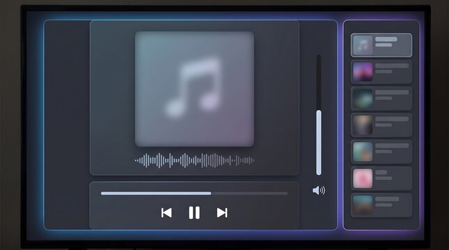 Modern digital music player interface with waveform and playlist on a dark screen.