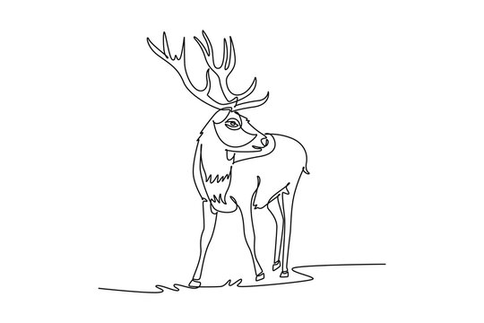 Single one line drawing wild deer or stag standing gracefully in open grassy clearing while turning its head back, elaborate branching antlers. Continuous line draw design graphic vector illustration