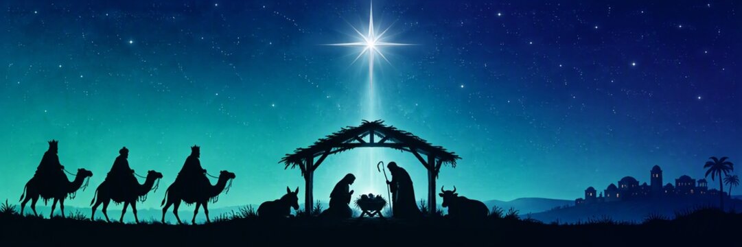 Silhouette of nativity scene with Mary, Joseph, baby Jesus, animals, and three wise men under starry night sky