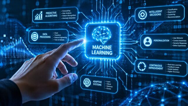 Hand pointing to machine learning digital interface surrounded by icons and data processing elements