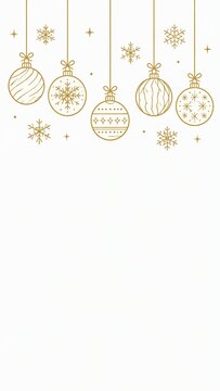 Minimalist illustration of hanging Christmas ornaments and snowflakes outlined in gold on a white background