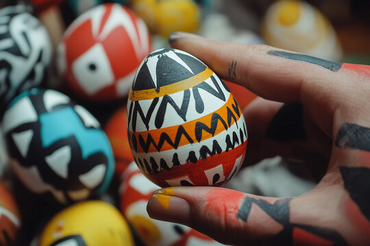 Traditional Slavic Patterned Easter Eggs with Folk Art Designs for Paschal Holiday, Generative AI