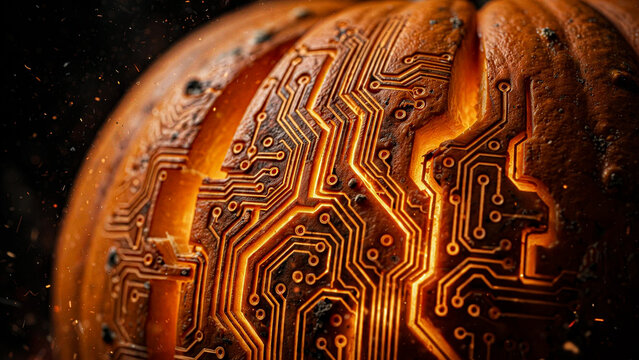 Pumpkin with circuit board pattern glowing orange and brown digital texture