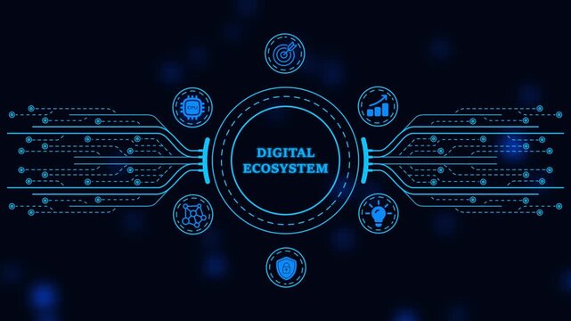 Digital ecosystem concept with glowing circuit board lines and tech for business network, data connectivity, and innovation background