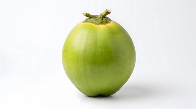 A young green coconut rests against a plain white background showcasing its fibrous husk
