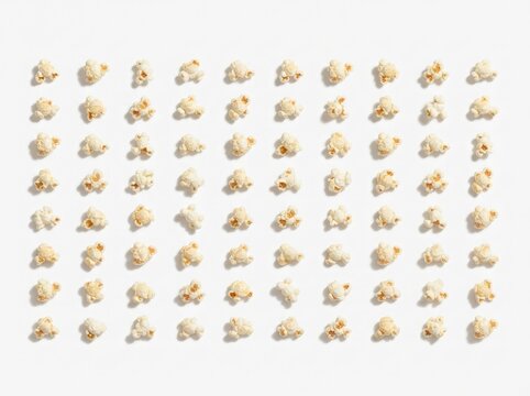 Top view of many popcorn pieces arranged in a neat grid pattern isolated on white background