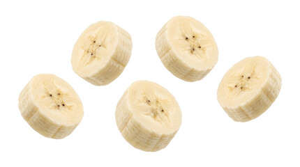 Fresh yellow banana slices floating gracefully in midair isolated on transparent background © initialicon's