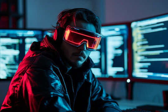 Hacker Man in Dark Room with Digital Screens and Codes Neon Cybersecurity Concept with Hood and Data Flow Generative AI