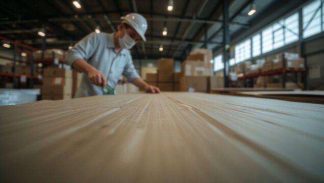 A person in a hard hat is working on a piece of wood, possibly a carpentry or construction project