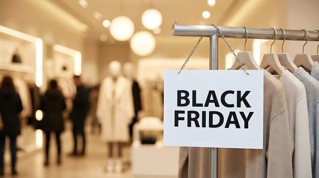 Black Friday Sale Sign Hanging on Clothing Rack in Modern Fashion Boutique Store Interior Setting