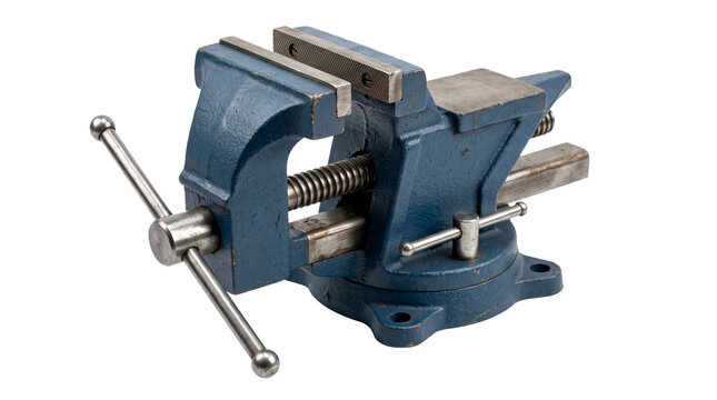 Heavy duty blue metal bench vise on a transparent background