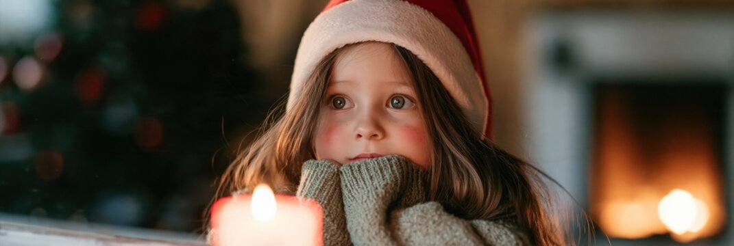 Young girl in santa hat christmas candlelit portrait for holiday card background and cozy winter wallpaper