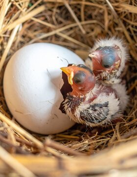 Newborn baby birds hatching from egg in straw nest. Close up of cute pink hatchlings and white egg, symbol of new life and spring.

