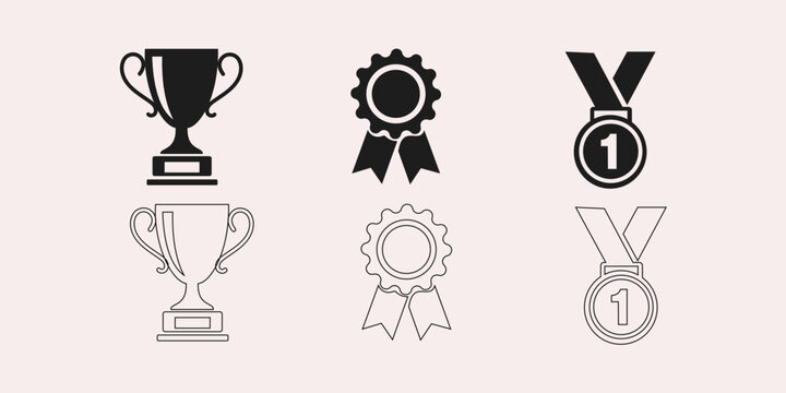 Trophy, Medal, and Ribbon Badge Solid and Line Icon Set - Award and Achievement Vector