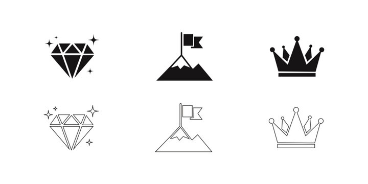 Premium Quality, Leadership, and Success Solid and Line Icon Set - Diamond, Crown, and Mountain Flag Vector