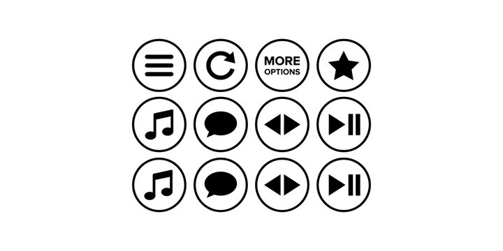 Set of black round icons featuring music notes speech bubbles arrows and playback controls for digital user interface.