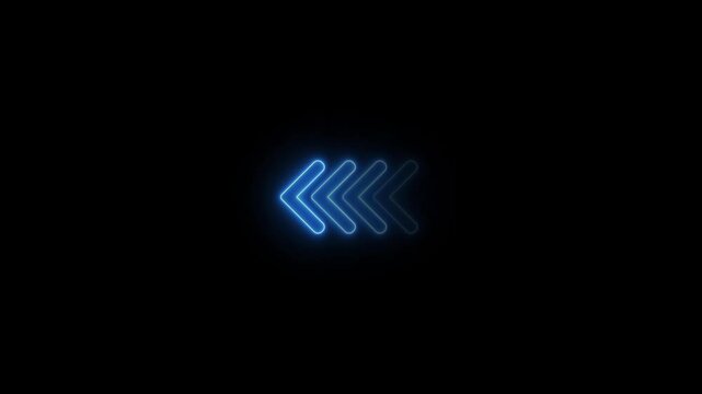 Blue neon chevron arrows pointing left in a sequence with fading effect on black background