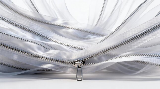 Multiple overlapping white zippers with silver pull slider on soft white silk fabric abstract open concept fashion textile closeup concept
