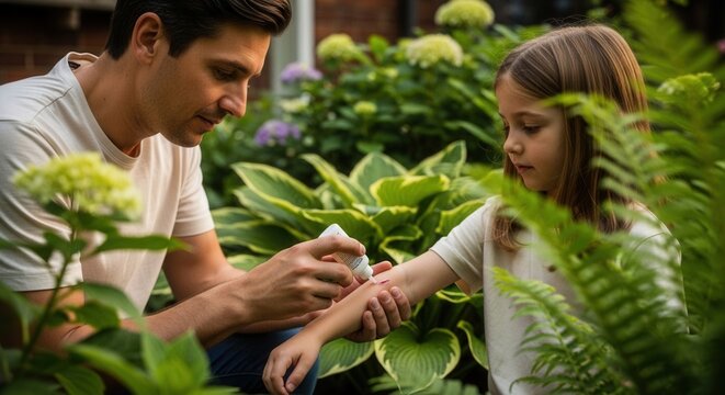 Father applying insect repellent to his daughter's arm in a lush garden, protecting her from bugs during outdoor activities.