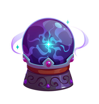 Cartoon Halloween magic ball. Isolated vector crystal globe of fortune teller, oracle and wizard. Paranormal glass sphere, glowing orb with magical lights, mystery glow, occult glass for prediction
