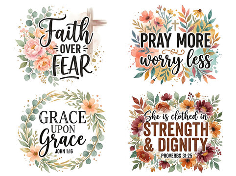 Christian faith quotes with floral wreaths isolated on transparent